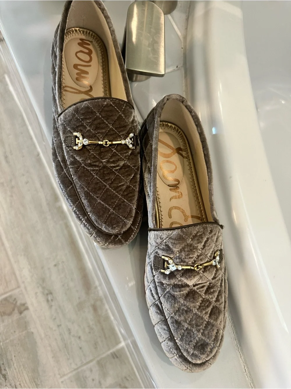 Sam Edelman Quilted Velvet Loafers in Brownish Gray with Gold Hardware